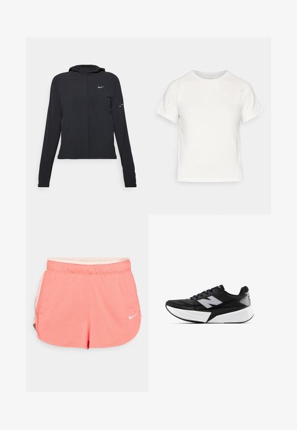 Czarna kurtka z kapturem, z długimi rękawami, wykonana z lekkiego materiału. Posiada zamek błyskawiczny z przodu, logo Nike oraz subtelne akcenty wzornicze.; Lekka biała koszulka z krótkim rękawem, okrągłym dekoltem i małym logo w lewym górnym rogu. Gładki materiał o subtelnej połysku.; Różowe szorty sportowe wykonane z siatkowego materiału, z elastycznym pasem, z białym logo i bocznymi rozcięciami dla lepszej swobody ruchów.; Czarno-biała biegowa sneaker New Balance z grubą podeszwą, siateczkowym wierzchem i logo "N" z boku, widok od strony zewnętrznej.