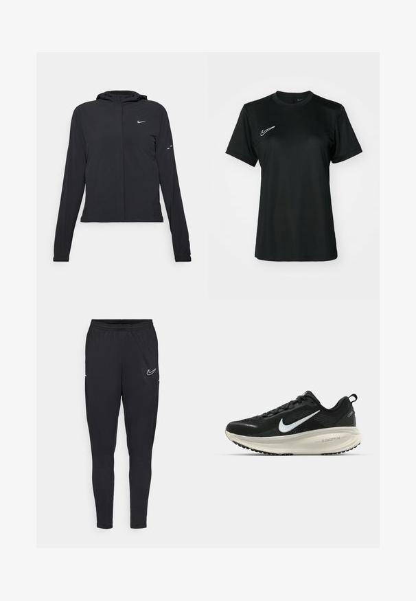 Mustassa hupparissa on pitkät hihat, ja se on valmistettu kevyestä materiaalista. Siinä on edessä vetoketju, Nike-logo ja hillityt muotoiluyksityiskohdat.; Musta lyhythihainen urheilupaita, jossa on pyöreä kaula-aukko. Vasemmassa yläkulmassa on valkoinen Nike-logo. Sileä ja kevyt kangas.; Mustat urheiluhaut, jotka on valmistettu kevyestä kankaasta, featuring joustava vyötärönauha, istuva malli ja valkoinen Nike-logo reidessä.; Mustat Nike-juoksukengät, joissa on hengittävä verkko-osa, valkoinen swoosh-logo, teksturoitu yksityiskohtaus ja kermaisen värinen ZoomX-välipohja.