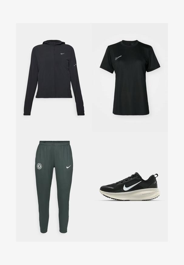 Svart huva jacka med långa ärmar, gjord av lätt material. Har en framdragare, en Nike-logotyp och subtila designelement.; Svart kortärmad träningsskjorta med rund halsringning. Har en vit Nike-logotyp på övre vänstra sidan. Slätt, lätt tyg.; Mörkgrå träningsbyxor med elastisk midja, som har en Chelsea fotbollsklubb-logga på vänster sida och en vit Nike-swoosh på höger sida.; Svart Nike löparsko med andningsbart mesh-ovandel, vit swoosh-logotyp, texturerad detaljering och en krämfärgad ZoomX-mellansula.