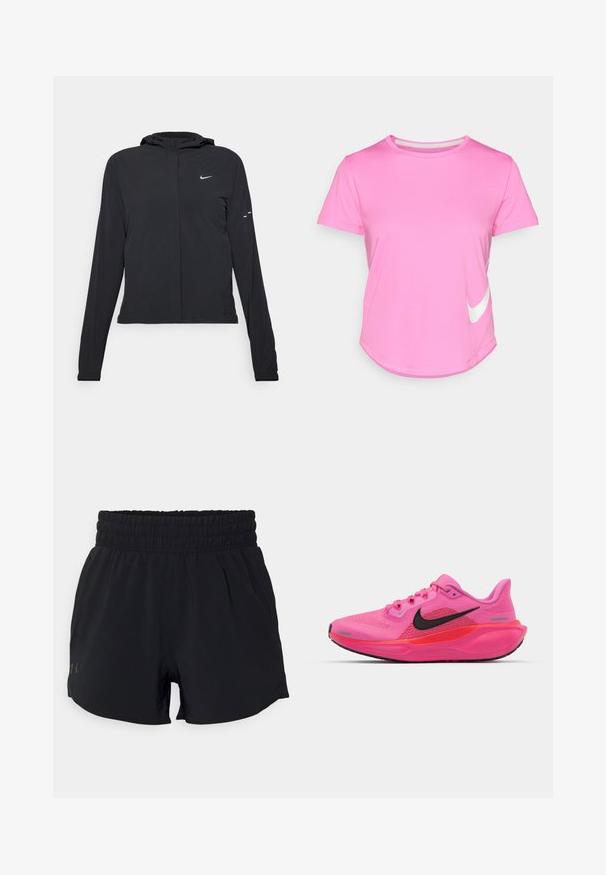 Schwarze Kapuzenjacke mit langen Ärmeln, aus leichtem Material gefertigt. Sie hat einen vorderen Reißverschluss, ein Nike-Logo und dezente Designelemente.; Rosa Nike-T-Shirt mit kurzen Ärmeln, rundem Ausschnitt, glatter Textur, mit einem weißen Logo auf der unteren linken Seite und abgerundetem Saum.; Schwarze Sportshorts mit elastischem Bund, aus leichtem Material, mit Seitentaschen und einem kleinen Logo auf der linken Seite.; Nike Performance AIR ZOOM PEGASUS 41 - Laufschuh Straße - playful pink/off noir/hyper pink/bright crimson/metallic silver