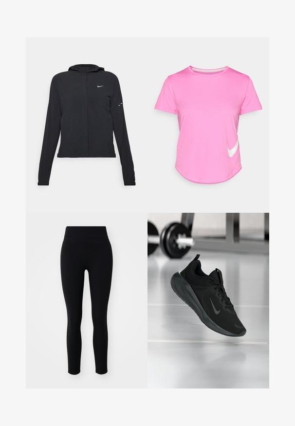 Casaco preto com capuz e mangas longas, feito de material leve. Apresenta um fecho dourado na frente, um logótipo da Nike e detalhes de design subtis.; T-shirt rosa da Nike com mangas curtas, gola redonda, textura suave, apresentando um logótipo branco na parte inferior esquerda e bainha curvada.; Leggings pretos feitos de tecido elástico, com uma cintura alta e uma textura suave, projetados para conforto e flexibilidade.; Sapatilha desportiva preta com o logotipo da Nike, mostrada em pleno ar sobre o chão do ginásio, com um suporte de halteres desfocado ao fundo.