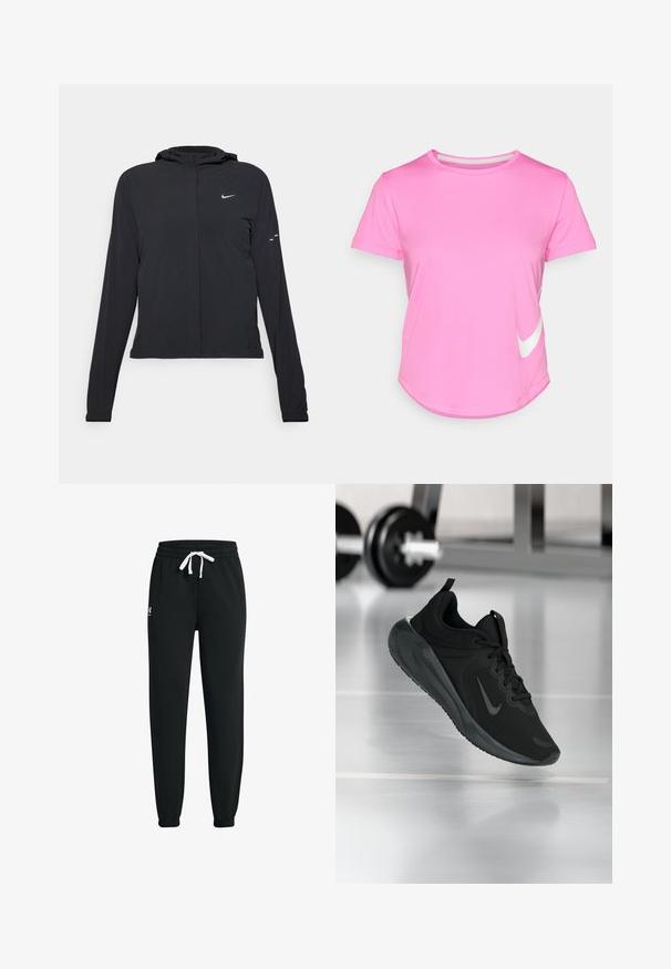 Čierna kapucňová bunda s dlhou rukávou, vyrobená z ľahkého materiálu. Má predný zips, logo Nike a jemné dizajnové akcenty.; Ružové tričko Nike s krátkymi rukávmi, okrúhlym výstrihom, hladkou textúrou, so bielym logom na dolnej ľavej strane a zakriveným lemom.; Čierne tepláky vyrobené z mäkkého materiálu, s elastickým pásom a bielou šnúrkou na sťahovanie, so zúženými členkami a malým logom na jednej strane.; Čierne športové tenisky s logom Nike, zobrazené vo vzduchu na podlahe telocvične, s rozmazaným regálom činkami v pozadí.