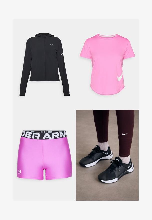 Sort hættetrøje med lange ærmer, lavet af letvægtsmateriale. Har en frontlynlås, et Nike-logo og subtile designaccenter.; Rosa Nike t-shirt med korte ærmer, rund halsudskæring, glat tekstur, med et hvidt logo på nedre venstre side og buet søm.; Lyserøde atletikshorts med en glat tekstur. Sort elastik med "UNDER ARMOUR" i hvide bogstaver. Logo på venstre ben.; Sorte træningssko med en struktureret overdel og hvide accenter, forsynet med snørebånd og et logo på siden. Båret med maroon leggings og lyse sokker.