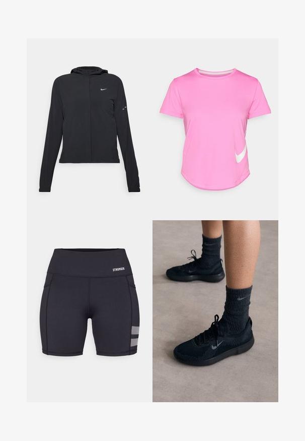 Melnā kapuci jaka ar garām piedurknēm, izgatavota no viegla materiāla. Tam ir priekšējais rāvējslēdzis, Nike logo un smalki dizaina akcenti.; Rozā Nike T-krekls ar īsām piedurknēm, noapaļota apkakle, gluda tekstūra, ar baltu logo apakšējā kreisajā stūrī un noapaļotu apakšmalu.; Melni sporta šorti, izgatavoti no elastīgas auduma. Iezīmē plakanas šuves, augstu jostasvietu un tīkla akcentus apakšmalā. Redzams zīmola logo.; Melni Nike sporta apavi ar struktūru trikotāžas augšdaļu, ar pelēku Swoosh logotipu, savienoti ar tumšām ribotām zeķēm. Līdzens gumijas zole.