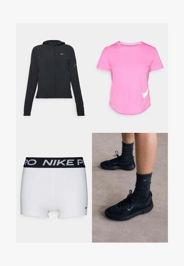 Zwarte kaptrui met lange mouwen, gemaakt van lichtgewicht materiaal. Voorzien van een ritssluiting aan de voorkant, een Nike-logo en subtiele ontwerpelementen.; Roze Nike t-shirt met korte mouwen, ronde hals, gladde textuur, voorzien van een wit logo aan de linksonderkant en een gebogen zoom.; Witte sportieve shorts met een zwarte Nike Pro tailleband. Beschikt over een gladde textuur en een klein zwart Nike-logo nabij de zoom.; Zwarte Nike-sneakers met een gestructureerde breisolen, voorzien van een grijze swoosh-logo, gedragen met donkere geribde sokken. Vlakke rubberen zool.