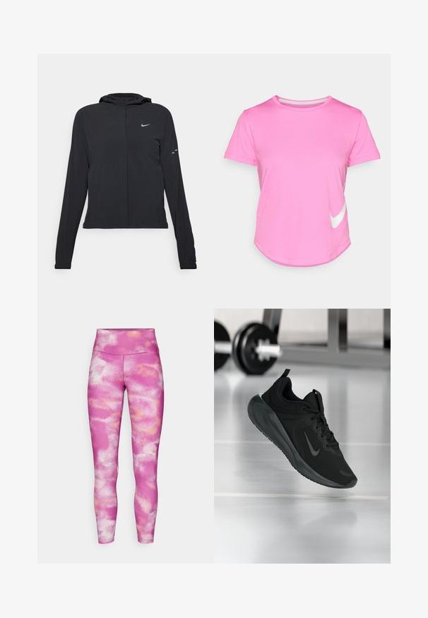 Giacca nera con cappuccio e maniche lunghe, realizzata in materiale leggero. Presenta una zip frontale, il logo Nike e accenti di design sottili.; T-shirt rosa Nike con maniche corte, scollatura tonda, texture liscia, con un logo bianco sul lato sinistro in basso e orlo curvato.; Nike Performance ONE 7/8 - Leggings - hot fuchsia/black; Sneaker sportivo nero con logo Nike, mostrato in volo su un pavimento da palestra, con un supporto per pesi sfocato sullo sfondo.