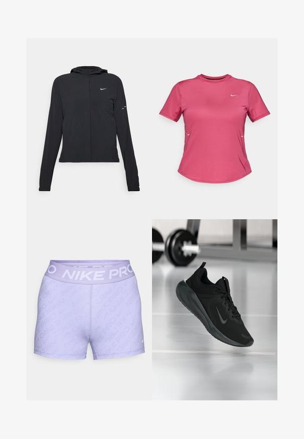 Jachetă neagră cu glugă, cu mâneci lungi, fabricată din material ușor. Dispune de un fermoar frontal, un logo Nike și accente de design subtile.; Tricou sportiv cu mânecă scurtă din fabrică roz aprins, cu gât rotund, având un mic logo alb pe piept și un design minimalist.; Shorts Nike Pro de culoare violet deschis, cu un design texturat și ribetat, talie elastică cu numele mărcii în alb și detalii cusute la tiv.; Tenisii sport negru cu logo-ul Nike, arătați în aer deasupra podelei de sală de sport, cu un suport pentru haltere neclar în fundal.