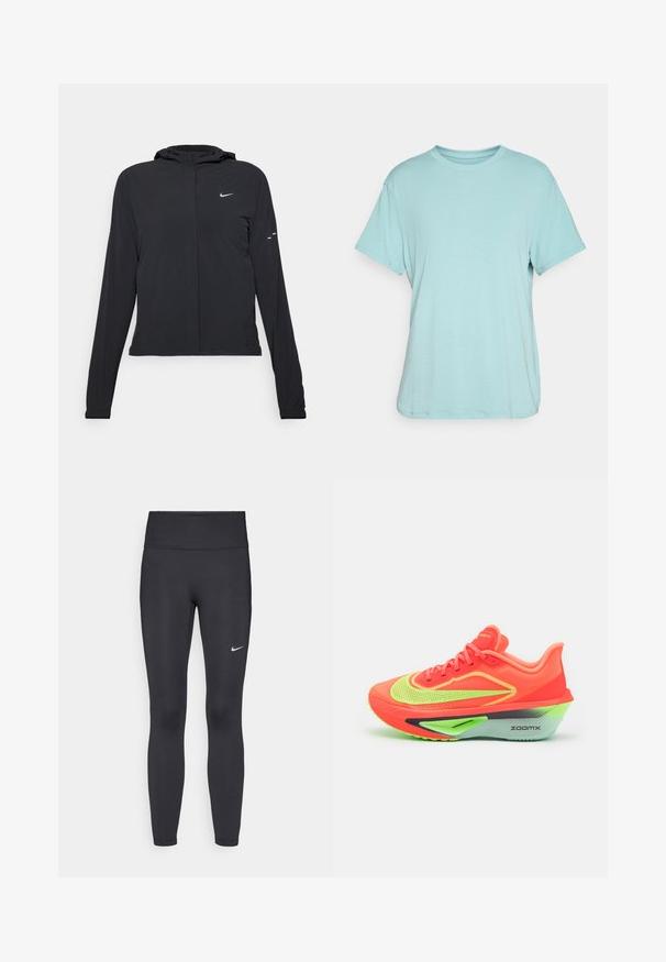 Čierna kapucňová bunda s dlhou rukávou, vyrobená z ľahkého materiálu. Má predný zips, logo Nike a jemné dizajnové akcenty.; Svetlo modré tričko s okrúhlym výstrihom, krátkymi rukávmi, voľný strih, vyrobené z jemného materiálu s hladkou textúrou a bez viditeľných vzorov alebo akcentov.; Čierne legíny z elastického materiálu, s vysokým pásom a bielym logom Nike na ľavom stehne. Hladká textúra, priliehavý dizajn.; Neón oranžová bežecká obuv s priedušným sieťovinovým vrchom, zvýraznenými zelenými akcentmi a výnimočne hrubou penovou medzišľapkou pre odpruženie.