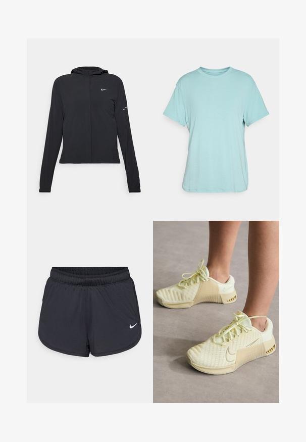 Svart hettegenser med lange ermer, laget av lett materiale. Har glidelås foran, Nike-logo og subtile design detaljer.; Lyseblå t-skjorte med rund hals, korte ermer, avslappet passform, laget av et mykt stoff med en jevn tekstur og uten synlige mønstre eller detaljer.; Sorte atletiske shorts med elastisk midjebånd, med et sporty design og en hvit Nike-logo på nedre front. Teksturert stoff.; Lys gule idrettssko med mesh-overdel, ribbede sideakster, rund tå og flate snøringer. Har Nike-logo på siden.