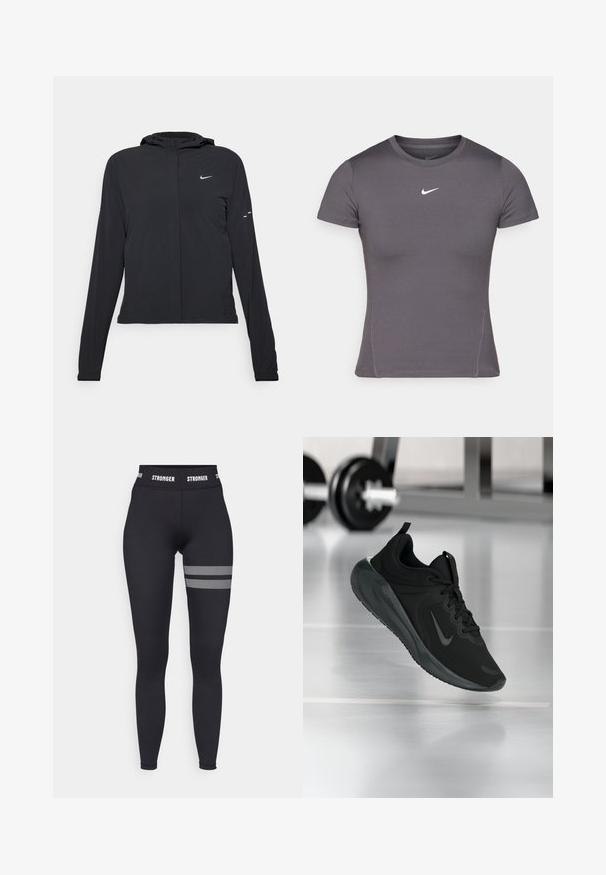 Black hooded jacket with long sleeves, made from lightweight material. Features a front zipper, a Nike logo, and subtle design accents.; Gray short-sleeve T-shirt made of smooth, stretchy fabric featuring a white Nike logo on the chest and flat stitching details.; Black leggings with a high waist, featuring a white "STRONGER" logo on the waistband and mesh accents in horizontal stripes on the thigh.; Black sports sneaker with Nike logo, shown mid-air on gym floor, with blurred dumbbell rack in background.