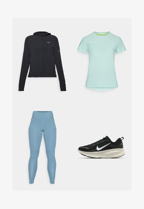Sort hættetrøje med lange ærmer, lavet af letvægtsmateriale. Har en frontlynlås, et Nike-logo og subtile designaccenter.; Lyseblå kortærmet træningsskjorte med rund hals, der har et struktureret stof og en subtil logoaccent foran.; Blå høj talje leggings lavet af glat, strækbart stof. Har en tætsiddende form og sømløst design med en let glans.; Sort Nike løbesko med åndbart mesh-overdel, hvidt swoosh-logo, tekstureret detaljering og en cremede ZoomX mellemsål.