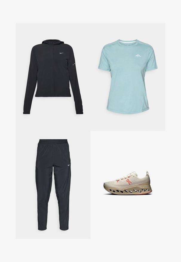 Veste à capuche noire avec des manches longues, fabriquée en matériau léger. Elle comporte une fermeture éclair à l'avant, un logo Nike et des accents de design subtils.; T-shirt à manches courtes bleu clair en tissu doux, avec un col rond et un petit logo blanc sur la poitrine. Couture visible.; Pantalons de sport noirs avec une taille élastique, des jambes fuselées et un petit logo blanc sur la cuisse gauche. Tissu léger et lisse.; Baskets de sport beiges claires avec une tige texturée, des accents rouges et une semelle innovante dotée d'ouvertures pour la respirabilité et l'amorti.