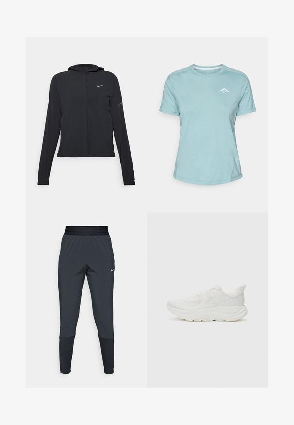 Czarna kurtka z kapturem, z długimi rękawami, wykonana z lekkiego materiału. Posiada zamek błyskawiczny z przodu, logo Nike oraz subtelne akcenty wzornicze.; Jasnoniebieska koszulka z krótkim rękawem, wykonana z miękkiego materiału, z okrągłym dekoltem i małym białym logo na piersi. Widoczne przeszycia.; Spodnie sportowe Nike w ciemnoszarym kolorze, z tapered leg design, elastycznym paskiem w talii oraz akcentami przy nogawkach.; Białe buty biegowe z teksturowaną siateczkową cholewką, wyściełanym kołnierzem, grubą podeszwą środkową i kauczukową podeszwą zewnętrzną. Zawierają detal z logo po bokach.
