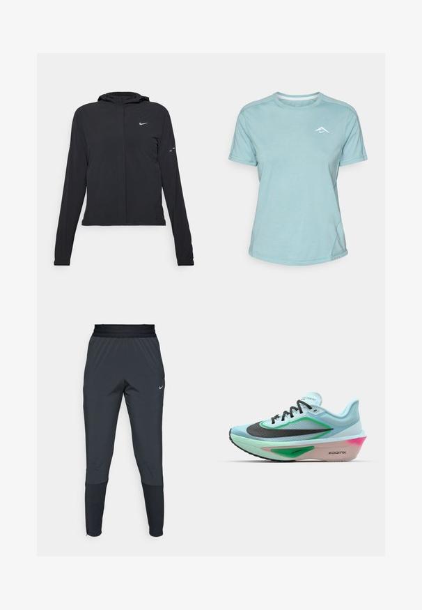 Črna kapuča s dolgimi rokavi, izdelana iz lahkega materiala. Ima sprednji zadrgo, logotip Nike in subtilne oblikovne detajle.; Svijetloplavi kratkosleeve majica izrađena od mekanog materijala, koja ima okrugli izrez i mali bijeli logotip na prsima. Vidljivi detalji šavova.; Nike športne hlače v temno sivi barvi, s taperiranim krojem, elastičnim pasom in dodatnimi detajli blizu manšet.; Svetlo modra tekaška čevlja z teksturirano črno mrežico na zgornjem delu, zelenimi akcenti, srednjim delom v rožnati barvi in gumo na podplatu. Ima vezalke in blagovno znamko.