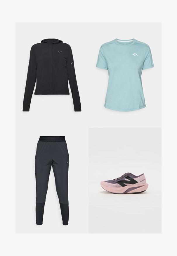 Czarna kurtka z kapturem, z długimi rękawami, wykonana z lekkiego materiału. Posiada zamek błyskawiczny z przodu, logo Nike oraz subtelne akcenty wzornicze.; Jasnoniebieska koszulka z krótkim rękawem, wykonana z miękkiego materiału, z okrągłym dekoltem i małym białym logo na piersi. Widoczne przeszycia.; Spodnie sportowe Nike w ciemnoszarym kolorze, z tapered leg design, elastycznym paskiem w talii oraz akcentami przy nogawkach.; Lekki but do biegania z różowo-fioletowym gradientem. Posiada przewiewną siateczkową cholewkę, czarne akcenty oraz amortyzującą podeszwę.