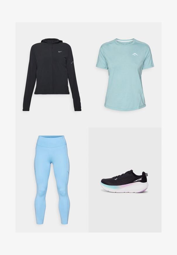 Mustassa hupparissa on pitkät hihat, ja se on valmistettu kevyestä materiaalista. Siinä on edessä vetoketju, Nike-logo ja hillityt muotoiluyksityiskohdat.; Vaaleansininen lyhythihainen t-paita, joka on valmistettu pehmeästä kankaasta. T-paidassa on pyöreä kaula-aukko ja pieni valkoinen logo rinnassa. Sauman yksityiskohdat näkyvät.; Vaaleansinisiä legginssejä, jotka on valmistettu joustavasta kankaasta. Ominaisuuksiin kuuluu korkea vyötärö, sileä pintakuvio ja kaarevat saumat jaloissa.; Musta juoksukengä, jossa on kevyt verkkomateriaali yläosassa, väriä vaaleansinisestä violettiin siirtyvä gradienttipohja ja heijastavat yksityiskohdat.