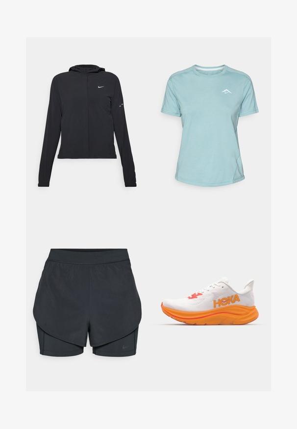 Svart huva jacka med långa ärmar, gjord av lätt material. Har en framdragare, en Nike-logotyp och subtila designelement.; Ljusblå kortärmad t-shirt gjord av mjukt tyg, med rund halsringning och en liten vit logotyp på bröstet. Sömmar är synliga.; Svarta träningsshorts med ett lagerdesign, med ett slätt yttre lager och en åtsittande inre short. Tillverkade av lätt, elastisk tyg.; Vit löparskor med orange dämpning och röda accentfärger. Har ett meshtyg på ovansidan, logotyp på sidan och en tjock, texturerad sula.