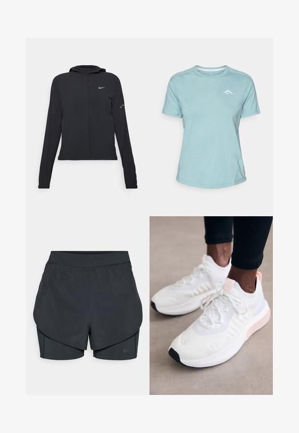 Svart hettegenser med lange ermer, laget av lett materiale. Har glidelås foran, Nike-logo og subtile design detaljer.; Lys blå t-skjorte med korte ermer laget av myk stoff, med rund hals og en liten hvit logo på brystet. Sømdetaljer er synlige.; Svart idrettsshorts med lagdelt design, som har et glatt ytre lag og tettsittende indre shorts. Laget av lett, elastisk stoff.; Under Armour PHANTOM 4 - Joggesko - white