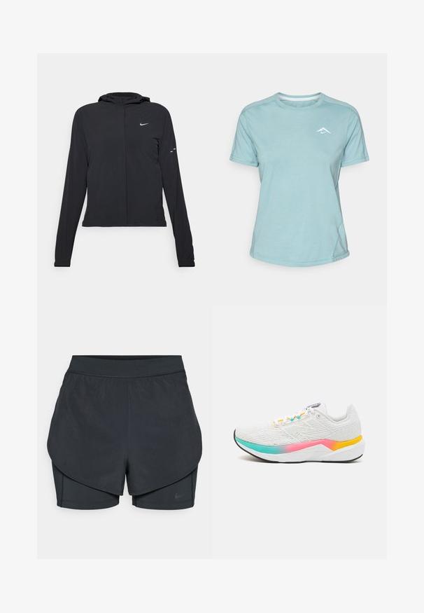 Mustassa hupparissa on pitkät hihat, ja se on valmistettu kevyestä materiaalista. Siinä on edessä vetoketju, Nike-logo ja hillityt muotoiluyksityiskohdat.; Vaaleansininen lyhythihainen t-paita, joka on valmistettu pehmeästä kankaasta. T-paidassa on pyöreä kaula-aukko ja pieni valkoinen logo rinnassa. Sauman yksityiskohdat näkyvät.; Mustat urheilushortsit kerroksellisella designilla, joissa on sileä ulkopinta ja tiukasti istuvat sisäshortsit. Valmistettu kevyestä, joustavasta kankaasta.; Valkoinen urheilukenkä, jossa on teksturoitu kangas, värikkäät gradienttikorostukset pinkissä, turkoosissa ja keltaisessa, sekä tukevan pohjan muotoilu.