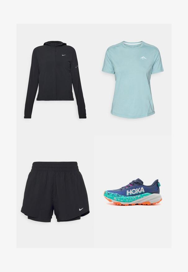 Črna kapuča s dolgimi rokavi, izdelana iz lahkega materiala. Ima sprednji zadrgo, logotip Nike in subtilne oblikovne detajle.; Svijetloplavi kratkosleeve majica izrađena od mekanog materijala, koja ima okrugli izrez i mali bijeli logotip na prsima. Vidljivi detalji šavova.; Črne športne pantalone z nabranim elastičnim pasom, notranjo podlogo in belim Nike logotipom na spodnji levi strani. Gladka, lahka tkanina.; HOKA SPEEDGOAT 6 - Trail tekaški čevlji - varsity blue/meteor