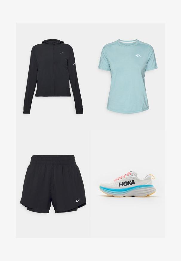 Melnā kapuci jaka ar garām piedurknēm, izgatavota no viegla materiāla. Tam ir priekšējais rāvējslēdzis, Nike logo un smalki dizaina akcenti.; Gaiši zils īsām piedurknēm T-krekls, izgatavots no mīksta auduma, ar apaļu dekoltē un mazu baltu logo uz krūšu daļas. Redzamas šuvju detaļas.; Melni sporta šorti ar savelkamu elastīgu jostasvietu, iekšējo oderi un baltu Nike logotipu kreisajā apakšējā stūrī. Gluda, viegla auduma.; HOKA BONDI 8 - Apavi skriešanai pa asfaltu - blanc de blanc/swim day