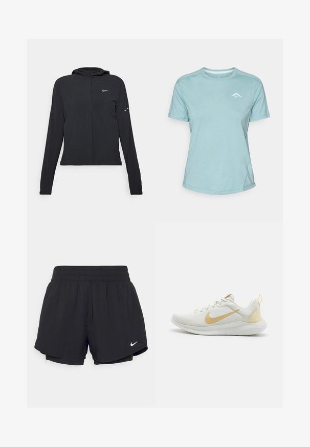 Schwarze Kapuzenjacke mit langen Ärmeln, aus leichtem Material gefertigt. Sie hat einen vorderen Reißverschluss, ein Nike-Logo und dezente Designelemente.; Hellblaues T-Shirt mit kurzen Ärmeln aus weichem Stoff, mit Rundhalsausschnitt und einem kleinen weißen Logo auf der Brust. Nahtdetails sind sichtbar.; Schwarze Sportshorts mit einem gerafften elastischen Bund, Innenfutter und weißem Nike-Logo auf der unteren linken Seite. Glatter, leichter Stoff.; Weißer Sport Schuh mit einem strukturierten Mesh-Obermaterial, goldenen Akzenten und einer flexiblen Sohle. Verfügt über einen Zugtab an der Ferse für einfaches Anziehen.