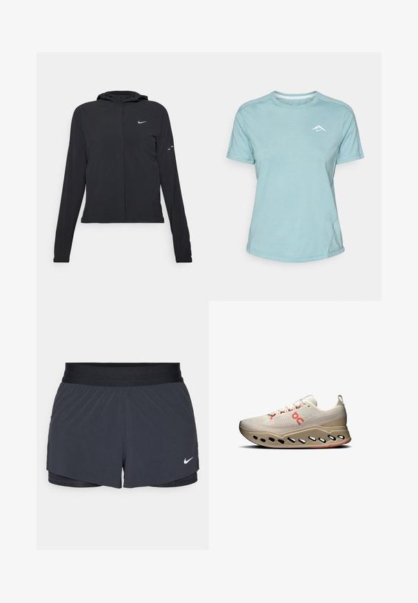 Čierna kapucňová bunda s dlhou rukávou, vyrobená z ľahkého materiálu. Má predný zips, logo Nike a jemné dizajnové akcenty.; Svetlomodré tričko s krátkym rukávom vyrobené z mäkkej látky, s okrúhlym výstrihom a malým bielym logom na hrudi. Viditeľné detaily švov.; Čierne športové šortky s elastickým pásom, ktoré majú vrstvený dizajn a malú bielu aplikáciu loga Nike v dolnom ľavom rohu. Ľahký materiál.; Svetlé béžové športové topánky s textúrovaným zvrškom, červenými akcentmi a inovatívnou podrážkou s výrezmi pre priedušnosť a tlmenie.