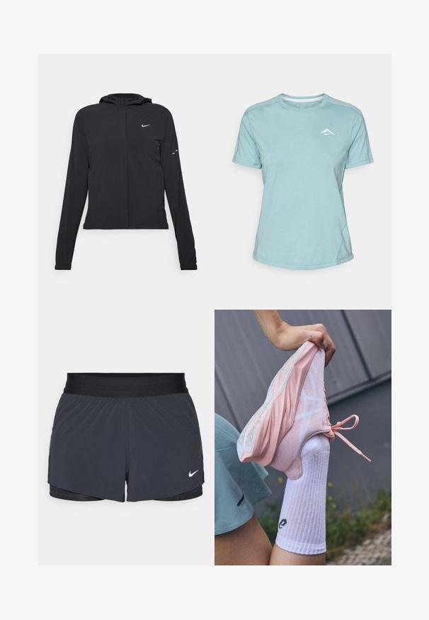 Jachetă neagră cu glugă, cu mâneci lungi, fabricată din material ușor. Dispune de un fermoar frontal, un logo Nike și accente de design subtile.; Tricou de culoare albastru deschis, cu mânecă scurtă, fabricat dintr-un material moale, având un guler rotund și un mic logo alb pe piept. Detalii de cusătură vizibile.; Shorts atletici negri, cu un elastic la talie, având un design stratificat și un mic logo alb Nike în partea stângă jos. Material ușor.; Pantofii sport de un roz deschis, cu plasă și suprapuneri solide, talpă ridicată și accente albe, purtați cu o sosetă albă cu striații, ce prezintă un logo.