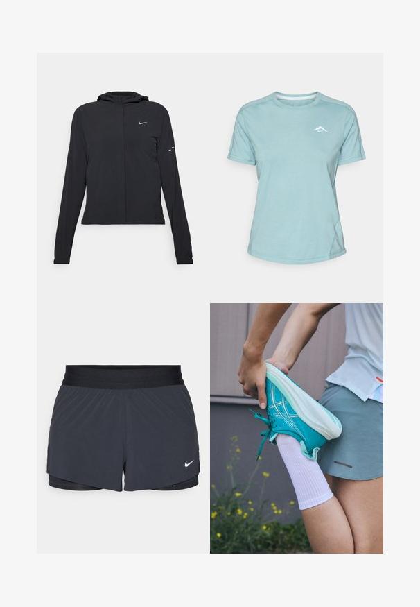 Črna kapuča s dolgimi rokavi, izdelana iz lahkega materiala. Ima sprednji zadrgo, logotip Nike in subtilne oblikovne detajle.; Svijetloplavi kratkosleeve majica izrađena od mekanog materijala, koja ima okrugli izrez i mali bijeli logotip na prsima. Vidljivi detalji šavova.; Črne atletske kratke hlače z elastičnim pasom, ki imajo plastičen dizajn in majhen bel Nike logotip na spodnji levi strani. Lahkoten material.; Turkizni atletski čevelj z teksturirano površino, bele vezalke in podplat. Oseba razteguje nogo, oblečena v bele nogavice in sive atletske kratke hlače.
