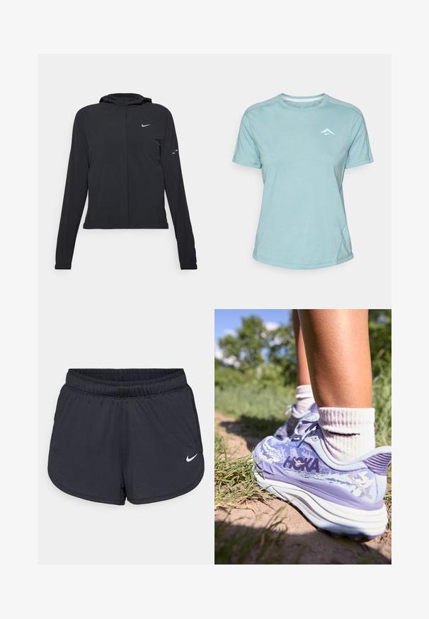 Fekete kapucnis dzseki hosszú ujjakkal, könnyű anyagból készült. Elülső cipzárral, Nike logóval és diszkrét dizájn elemekkel rendelkezik.; Világoskék, rövid ujjú póló, puha anyagból készült, kerek nyakkivágással és egy kis fehér logóval a mellrészen. Látható varrásrészletek.; Fekete sportos rövidnadrág, könnyű, légáteresztő anyagból készült. Rugalmas derékpánttal rendelkezik, és a jobb alsó oldalon fehér Nike logó található.; HOKA STINSON 7 - Terepfutó cipők - cosmic sky/meteor