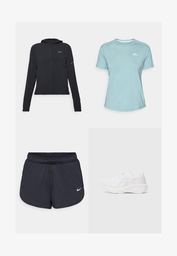 Černá kapucňová bunda s dlouhými rukávy, vyrobená z lehkého materiálu. Obsahuje přední zip, logo Nike a decentní designové akcenty.; Světle modré tričko s krátkým rukávem vyrobené z měkké látky, s kulatým výstřihem a malým bílým logem na hrudi. Viditelné švy.; Černé sportovní šortky vyrobené z lehké, prodyšné látky. Obsahují elastický pás a bílé logo Nike na dolní pravé straně.; Bílá sportovní obuv s prodyšným síťovaným svrškem a polstrovanou podrážkou, s texturovaným vzorem a minimalistickými designovými akcenty.