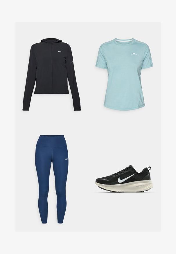 Sort hættetrøje med lange ærmer, lavet af letvægtsmateriale. Har en frontlynlås, et Nike-logo og subtile designaccenter.; Lys blå kortærmet t-shirt lavet af blødt stof, med rund halsudskæring og et lille hvidt logo på brystet. Synlige sømdetaljer.; Mørkeblå træningsleggings lavet af strækbart stof, med høj talje, glat overflade og et lille reflekterende logo på siden.; Sort Nike løbesko med åndbart mesh-overdel, hvidt swoosh-logo, tekstureret detaljering og en cremede ZoomX mellemsål.