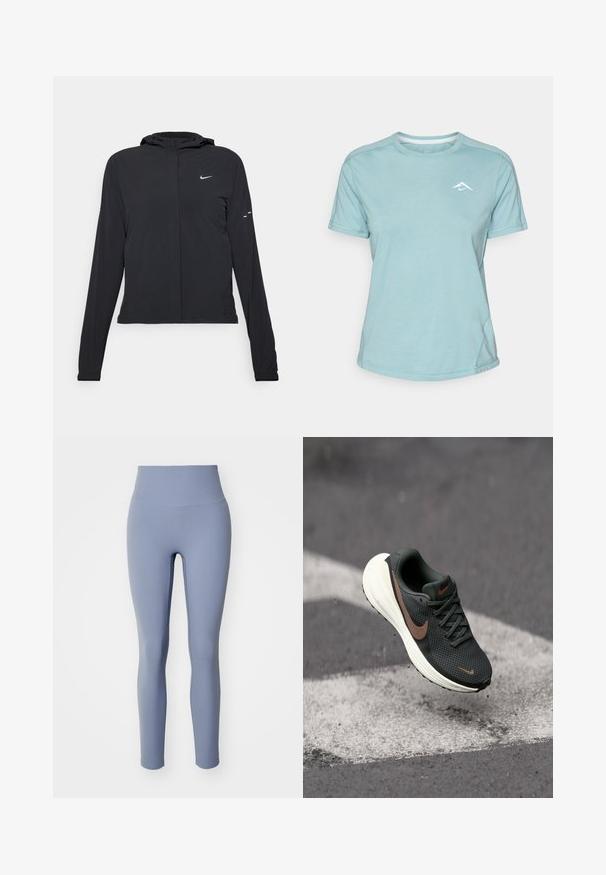 Czarna kurtka z kapturem, z długimi rękawami, wykonana z lekkiego materiału. Posiada zamek błyskawiczny z przodu, logo Nike oraz subtelne akcenty wzornicze.; Jasnoniebieska koszulka z krótkim rękawem, wykonana z miękkiego materiału, z okrągłym dekoltem i małym białym logo na piersi. Widoczne przeszycia.; Legginsy z wysokim stanem, wykonane z miękkiego, elastycznego materiału. Jednolity jasnoniebieski kolor, gładka tekstura i dopasowany krój. Brak widocznych szwów lub wzorów.; Czarne siateczkowe buty do biegania z fakturowaną cholewką, brązowym logo Nike i białą amortyzowaną podeszwą, zawieszone nad szarym podłożem.