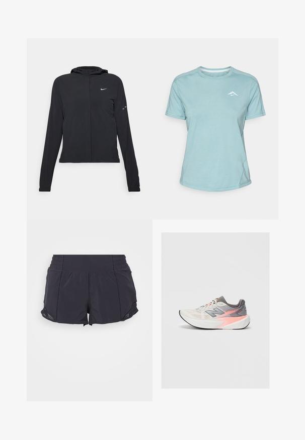 Črna kapuča s dolgimi rokavi, izdelana iz lahkega materiala. Ima sprednji zadrgo, logotip Nike in subtilne oblikovne detajle.; Svijetloplavi kratkosleeve majica izrađena od mekanog materijala, koja ima okrugli izrez i mali bijeli logotip na prsima. Vidljivi detalji šavova.; Črne športne kratke hlače s raztegljivim pasom, manjšimi stranskimi razpokanji in gladkim, lahkim materialom. Opremljene so z oblikovanjem slojev za udobje.; Svetlo sivi in roza tekaški čevlji New Balance z debelim belim podplatom in črnim podplatom, stranski pogled na enostavni podlagi.