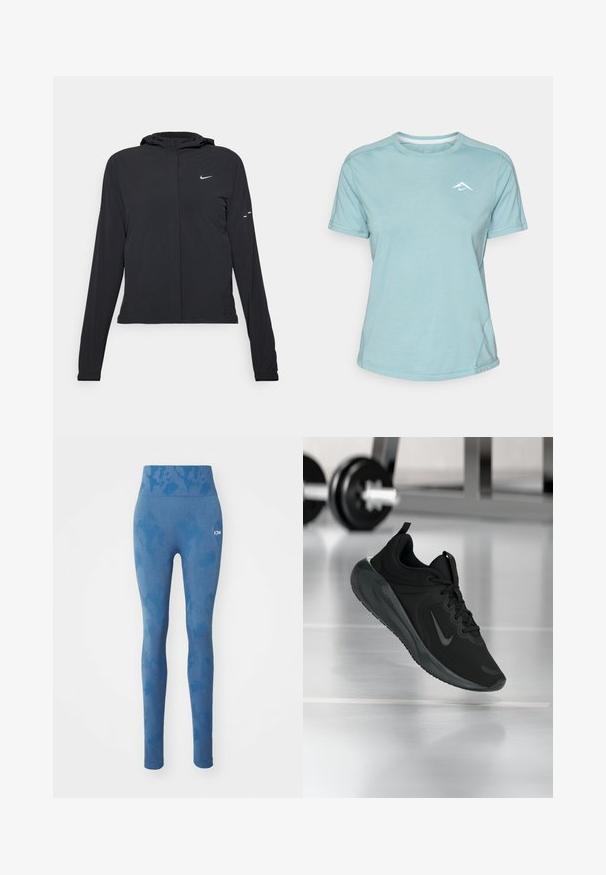 Black hooded jacket with long sleeves, made from lightweight material. Features a front zipper, a Nike logo, and subtle design accents.; Light blue short-sleeve t-shirt made of soft fabric, featuring a round neckline and a small white logo on the chest. Seam detailing visible.; Blue leggings featuring a textured pattern, high waistband, and subtle logo on the side. Made from stretch fabric for comfort.; Black sports sneaker with Nike logo, shown mid-air on gym floor, with blurred dumbbell rack in background.