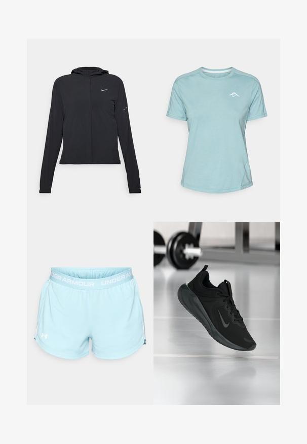 Schwarze Kapuzenjacke mit langen Ärmeln, aus leichtem Material gefertigt. Sie hat einen vorderen Reißverschluss, ein Nike-Logo und dezente Designelemente.; Hellblaues T-Shirt mit kurzen Ärmeln aus weichem Stoff, mit Rundhalsausschnitt und einem kleinen weißen Logo auf der Brust. Nahtdetails sind sichtbar.; Himmelblaue Sportshorts mit elastischem Bund, auf dem das weiße "UNDER ARMOUR"-Logo und subtile seitliche Schlitze am Saum zu sehen sind.; Schwarzer Sportsneaker mit Nike-Logo, mid-air über dem Boden des Fitnessstudios, mit unscharfem Hantelregal im Hintergrund.