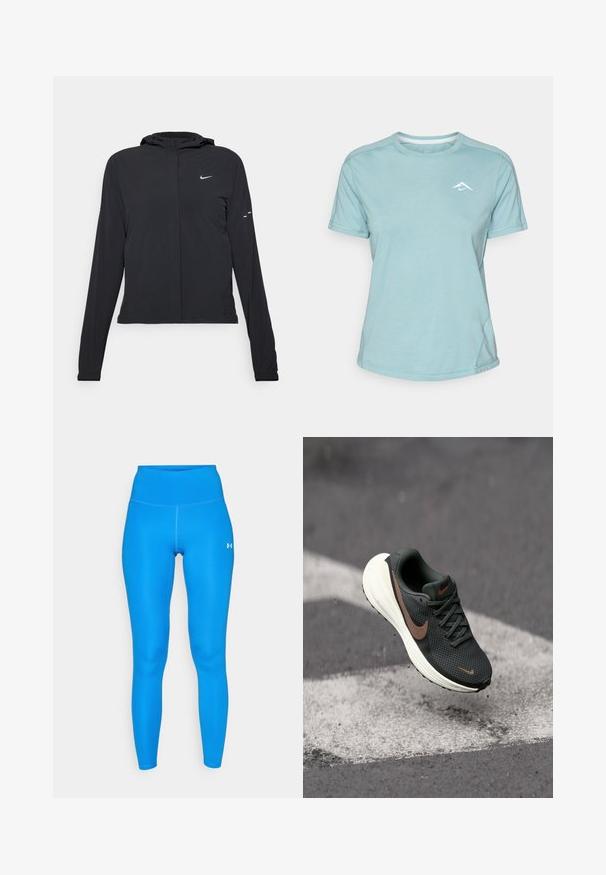 Fekete kapucnis dzseki hosszú ujjakkal, könnyű anyagból készült. Elülső cipzárral, Nike logóval és diszkrét dizájn elemekkel rendelkezik.; Világoskék, rövid ujjú póló, puha anyagból készült, kerek nyakkivágással és egy kis fehér logóval a mellrészen. Látható varrásrészletek.; Kék sportleggings, magas derékkal, sima textúrával és kontrasztos varrással. A jobb alsó lábszáron egy kis logó található.; Fekete hálós futócipő, textúrált felsőrésszel, barna Nike logóval és fehér párnázott talppal, egy szürke felület felett lebeg.