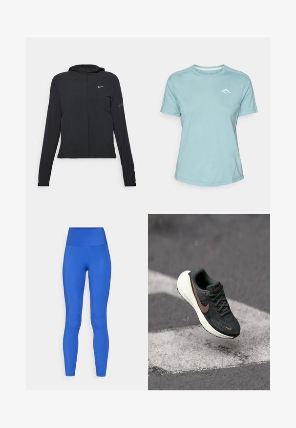 Črna kapuča s dolgimi rokavi, izdelana iz lahkega materiala. Ima sprednji zadrgo, logotip Nike in subtilne oblikovne detajle.; Svijetloplavi kratkosleeve majica izrađena od mekanog materijala, koja ima okrugli izrez i mali bijeli logotip na prsima. Vidljivi detalji šavova.; Visoko pasne modre legice iz elastične tkanine, z gladko teksturo in poenoteno zasnovo, primerne za športno oblačenje.; Črne mrežaste tekaške čevlje s teksturirano zgornjo plastjo, rjavim Nike swoosh logotipom in belim podplatom z oblazinjenjem, suspendirani nad sivo površino.