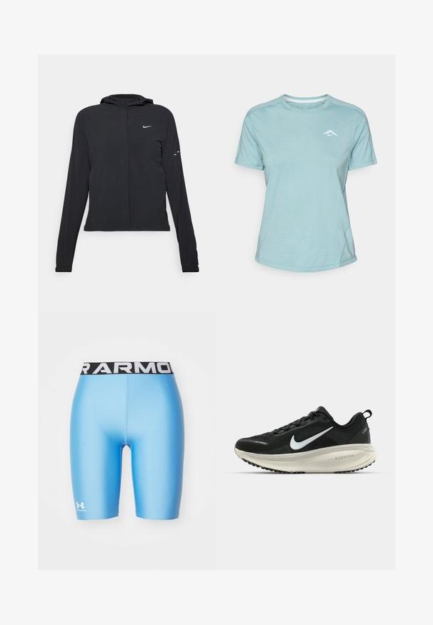 Črna kapuča s dolgimi rokavi, izdelana iz lahkega materiala. Ima sprednji zadrgo, logotip Nike in subtilne oblikovne detajle.; Svijetloplavi kratkosleeve majica izrađena od mekanog materijala, koja ima okrugli izrez i mali bijeli logotip na prsima. Vidljivi detalji šavova.; Modre kompresijske kratke hlače iz gladkega, raztegljivega materiala. Imajo črn pas z logotipom in prilegajoč dizajn za boljšo zmogljivost.; Črne Nike tekaške čevlje z zračno mrežno zgornjim delom, belim logotipom Swoosh, teksturiranimi detajli in smetanasto barvnim srednjim delom ZoomX.