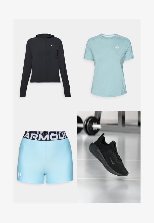 Sort hættetrøje med lange ærmer, lavet af letvægtsmateriale. Har en frontlynlås, et Nike-logo og subtile designaccenter.; Lys blå kortærmet t-shirt lavet af blødt stof, med rund halsudskæring og et lille hvidt logo på brystet. Synlige sømdetaljer.; Lyseblå træningsshorts med en sort talje, der har hvid tekst "ARMOUR". Materialet ser glat ud og har en tætsiddende design. Under Armour-logoet er vist.; Sort sportsko med Nike-logo, vist midt i luften på et gymgulv, med en sløret vægtstang i baggrunden.