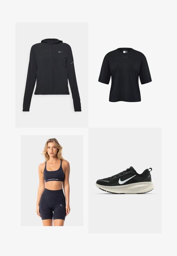 Schwarze Kapuzenjacke mit langen Ärmeln, aus leichtem Material gefertigt. Sie hat einen vorderen Reißverschluss, ein Nike-Logo und dezente Designelemente.; Schwarzes T-Shirt mit kurzen Ärmeln aus weichem Stoff, mit rundem Ausschnitt und lockerer Passform. Besitzt ein kleines Logo auf der Vorderseite.; Schwarzes sportliches Crop-Top mit verstellbaren Trägern und einem Logo-Band. Kombiniert mit passenden hochgeschnittenen Shorts, die ein kleines Logo-Detail aufweisen.; Schwarzer Nike-Laufschuh mit atmungsaktivem Mesh-Obermaterial, weißem Swoosh-Logo, strukturierten Details und einer cremefarbenen ZoomX-Zwischensohle.