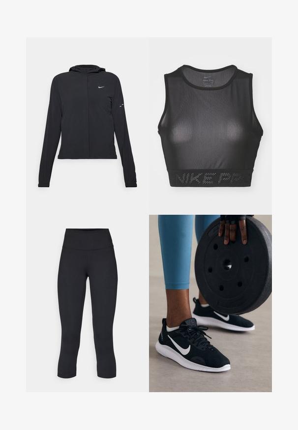 Juodas gobtuvas striukė su ilgomis rankovėmis, pagaminta iš lengvo audinio. Pasižymi priekiniais užtrauktukais, Nike logotipu ir subtiliais dizaino akcentais.; Juodas „Nike Pro“ sportinis liemenėlė su tinklelio dizainu, apvaliu iškirpimu ir plačia juosta, kurioje įspaustas tekstas „NIKE PRO“.; Juodos apkarpytos legginsai, pagaminti iš tamprios medžiagos, su aukšta juosmens linija ir glotnia tekstūra, be matomų raštų ar detalių.; Juodi sportiniai batai su tinklinėmis viršutinėmis dalimis, baltais akcentais ir storu baltu padu. Pirmame plane laikomas juodas svorio diskas.