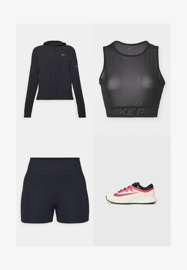 Čierna kapucňová bunda s dlhou rukávou, vyrobená z ľahkého materiálu. Má predný zips, logo Nike a jemné dizajnové akcenty.; Čierny športový podprsenka Nike Pro s priedušným dizajnom, okrúhlym výstrihom a širokým pásom s embosovaným textom "NIKE PRO" na spodnej strane.; Čierne vysoké športové šortky vyrobené z pružného materiálu. Majú hladký povrch a čisté línie s jednoduchým dizajnom.; Bežecká obuv s krémovým zvrškom, červenými a čiernymi akcentmi a textúrovaným povrchom. Má čierne šnúrky a mäkkú podrážku pre pohodlie.