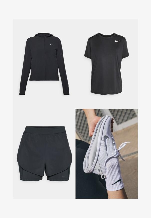 Zwarte kaptrui met lange mouwen, gemaakt van lichtgewicht materiaal. Voorzien van een ritssluiting aan de voorkant, een Nike-logo en subtiele ontwerpelementen.; Zwart sport t-shirt met korte mouwen, gemaakt van een gladde, lichte stof, met een klein wit Nike-logo op de bovenste linkerkant.; Zwarte sportshorts met een gelaagd ontwerp, voorzien van een gladde buitenlaag en aansluitende binnen shorts. Gemaakt van lichtgewicht, rekbare stof.; Witte sportieve schoen met een textuurontwerp en een grijs Nike-logo, vastgehouden boven een witte sok. De schoen heeft een flexibele zool en veters.