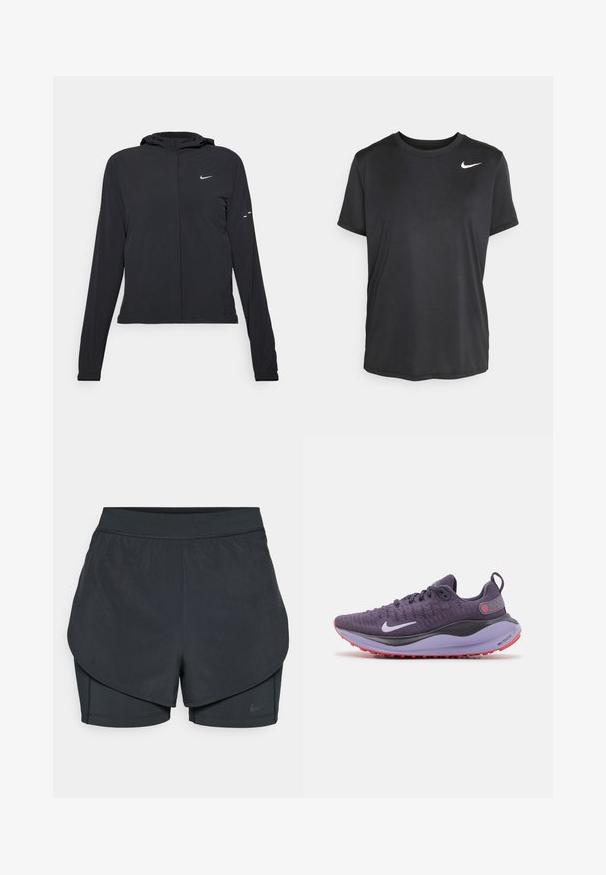 Schwarze Kapuzenjacke mit langen Ärmeln, aus leichtem Material gefertigt. Sie hat einen vorderen Reißverschluss, ein Nike-Logo und dezente Designelemente.; Schwarz kurzärmliges Athletik-T-Shirt aus glattem, leichtem Stoff, mit einem kleinen weißen Nike-Logo auf der linken oberen Seite.; Schwarze sportliche Shorts mit einem geschichteten Design, das eine glatte äußere Schicht und eng anliegende innere Shorts umfasst. Hergestellt aus leichtem, dehnbarem Material.; Lila sportliche Schuhe mit einem atmungsaktiven Obermaterial, grauen Akzenten, einer gepolsterten Sohle und einer strukturierten roten Außensohle. Sie besitzen ein auffälliges weißes Logo.