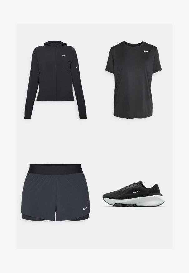 Jachetă neagră cu glugă, cu mâneci lungi, fabricată din material ușor. Dispune de un fermoar frontal, un logo Nike și accente de design subtile.; Tricou sport negru, cu mânecă scurtă, fabricat dintr-un material fin și ușor, având un mic logo alb Nike în partea stângă sus.; Shorts atletici negri, cu un elastic la talie, având un design stratificat și un mic logo alb Nike în partea stângă jos. Material ușor.; Pantof de sport negru cu un aspect texturat, design elegant și un logo alb. Dispune de o talpă cu amortizare proeminentă, dotată cu tehnologia Air Zoom.