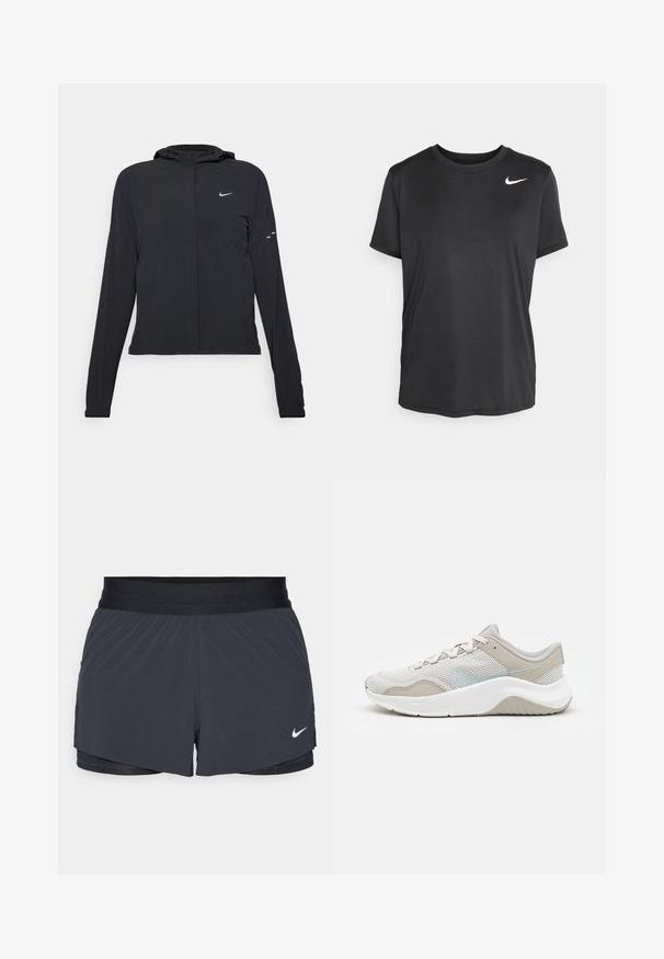 Black hooded jacket with long sleeves, made from lightweight material. Features a front zipper, a Nike logo, and subtle design accents.; Black short-sleeve athletic t-shirt made of smooth, lightweight fabric, featuring a small white Nike logo on the upper left side.; Black athletic shorts with an elastic waistband, featuring a layered design and a small white Nike logo on the lower left. Lightweight material.; Light grey athletic shoe with mesh upper, smooth suede accents, white rubber sole, and a subtle reflective logo. Streamlined design.