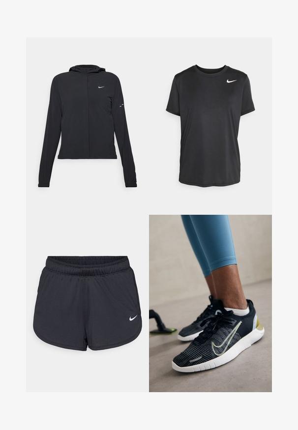 Černá kapucňová bunda s dlouhými rukávy, vyrobená z lehkého materiálu. Obsahuje přední zip, logo Nike a decentní designové akcenty.; Černé sportovní tričko s krátkým rukávem vyrobené z hladkého, lehkého materiálu, s malým bílým logem Nike v horním levém rohu.; Černé sportovní šortky vyrobené z lehké, prodyšné látky. Obsahují elastický pás a bílé logo Nike na dolní pravé straně.; Černé sportovní boty s texturovaným materiálem, bílou podrážkou a žlutým akcentem. Mají šněrovací design a výrazné logo na boku.