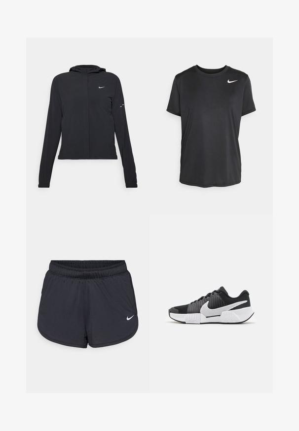 Chaqueta negra con capucha y mangas largas, hecha de un material ligero. Presenta un cierre frontal, un logo de Nike y acentos de diseño sutiles.; Camiseta atlética de manga corta negra, hecha de una tela ligera y suave, con un pequeño logo de Nike en blanco en la parte superior izquierda.; Pantalones cortos deportivos negros con una cintura elástica, presentan un diseño deportivo y un logo blanco de Nike en la parte inferior del frente. Tejido texturizado.; Zapatillas deportivas en blanco y negro con un upper texturizado, un prominente swoosh de Nike y un diseño de suela contrastante para mejorar el agarre y la estabilidad.