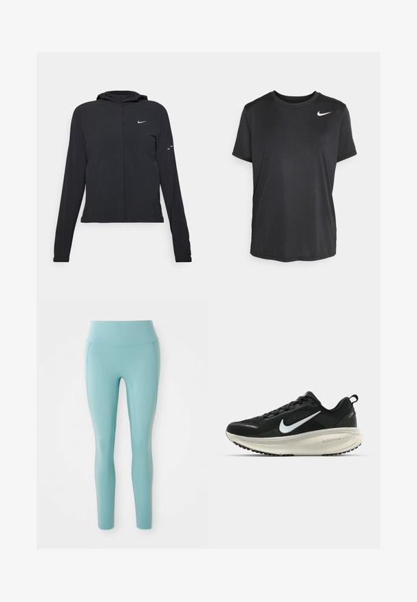 Czarna kurtka z kapturem, z długimi rękawami, wykonana z lekkiego materiału. Posiada zamek błyskawiczny z przodu, logo Nike oraz subtelne akcenty wzornicze.; Czarna sportowa koszulka z krótkim rękawem, wykonana z gładkiego, lekkiego materiału, z małym białym logo Nike na górnej lewej stronie.; Jasnoniebieskie legginsy wykonane z elastycznej tkaniny, z wysokim stanem i gładkim, stonowanym fasonem bez ozdób.; Czarna biegowa półbut z oddychającej siateczki, białym logo swoosh, teksturowanymi detalami oraz kremową podeszwą środkową ZoomX.
